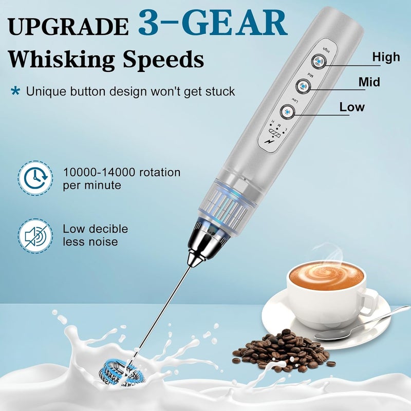 BSRGMS Milk Frother Handheld for Coffee, Electric Whisk 3 Speed Adjustable, Drink Mixer with Stainless 3 Whisks, Rechargeable Hand Frother Wand, Foam Maker for Latte Cappuccino Matcha Egg Silver - Image 3